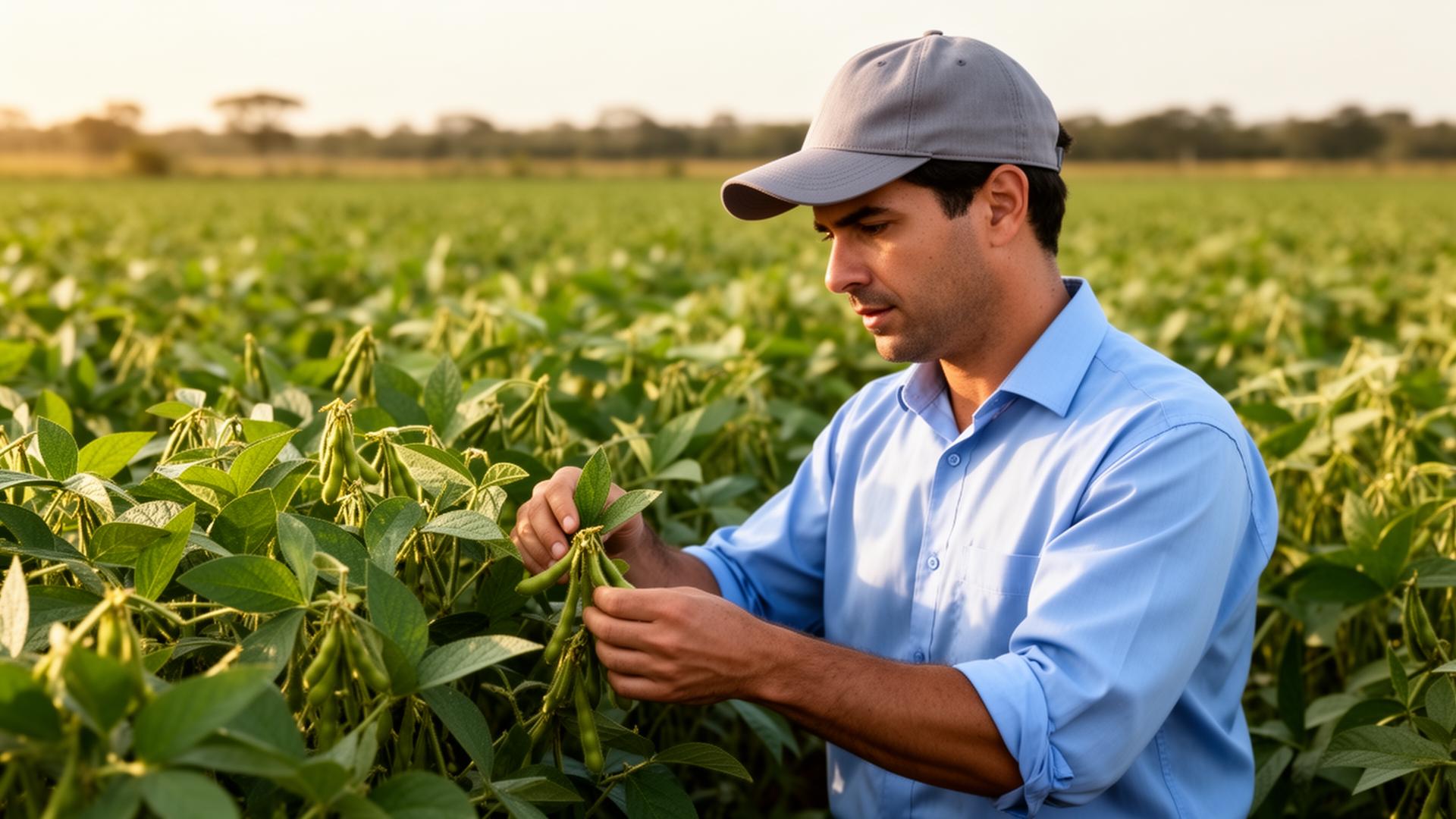 Agrônomo da Agro Neo Plants inspecionando lavoura de soja em campo