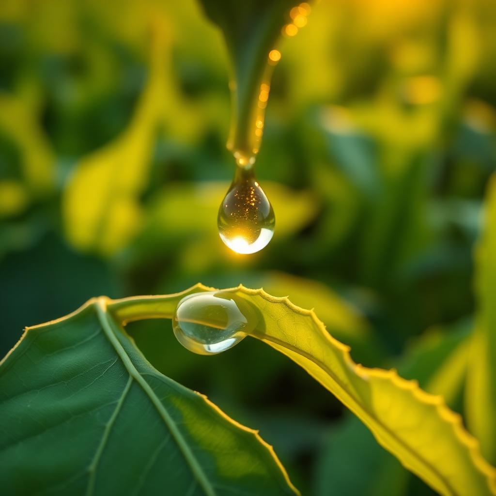 Gota de calda agrícola sobre folha verde ao amanhecer, ilustrando a ação de um adjuvante na superfície da planta