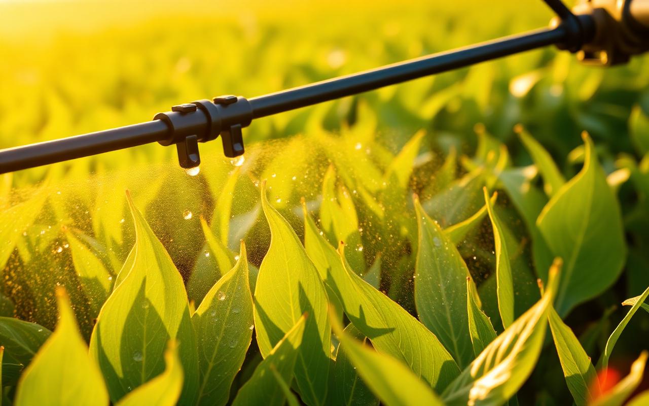 Close de pulverização agrícola em lavoura, com gotas nas folhas e barra de pulverizador ao fundo