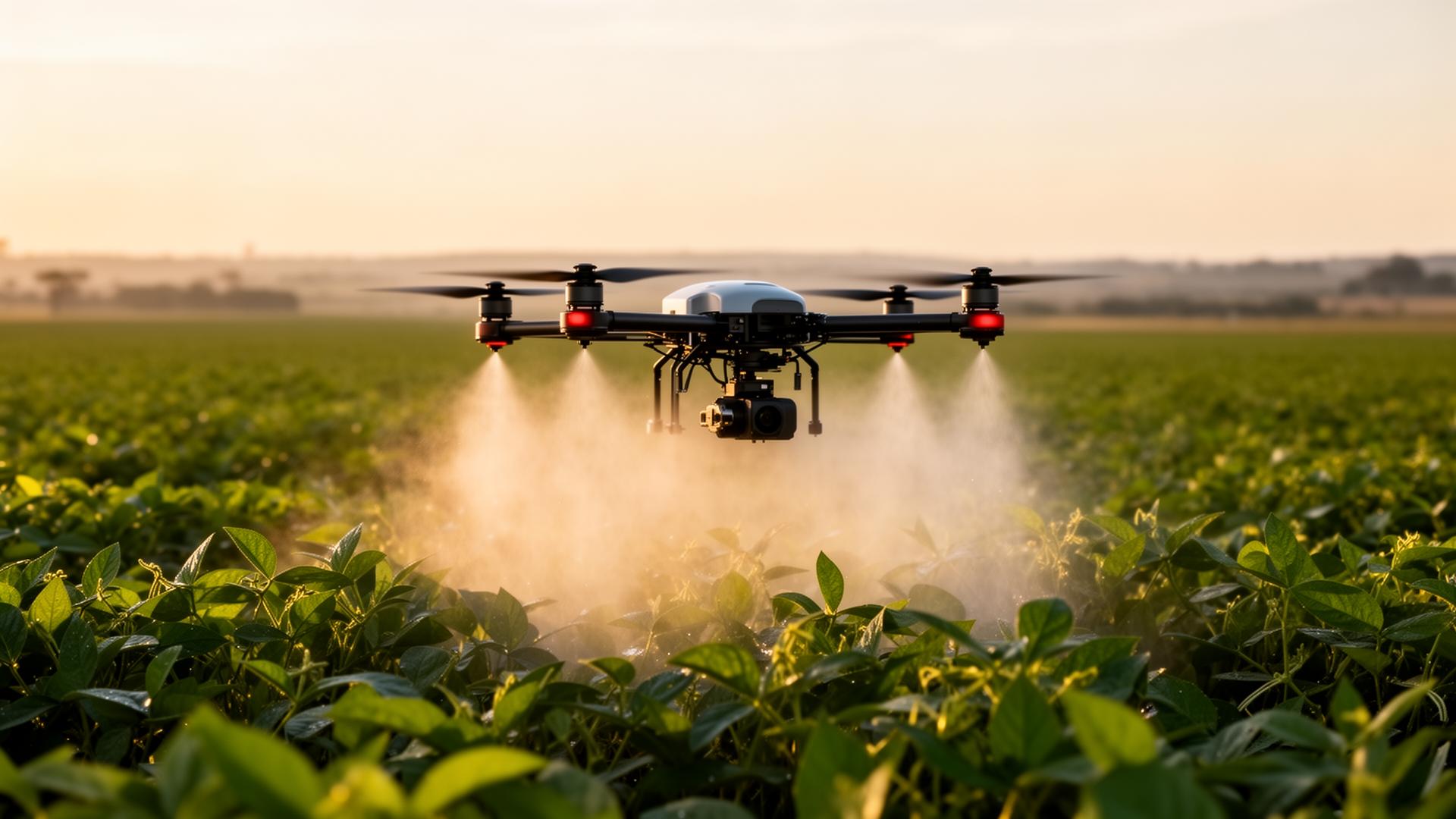 Drone agrícola sobrevoando lavoura
